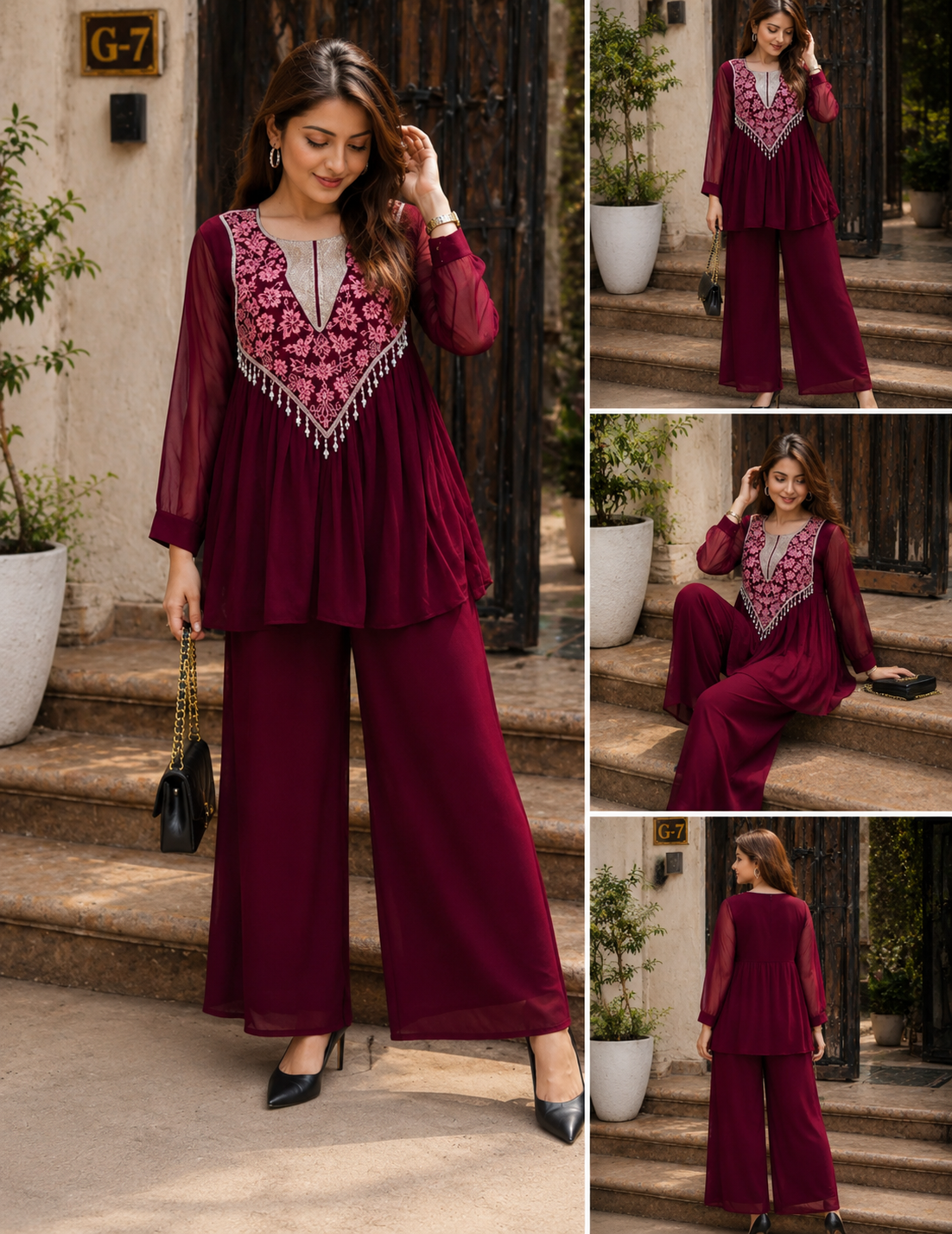 Maroon Embroidered Georgette Kurta Pant Set