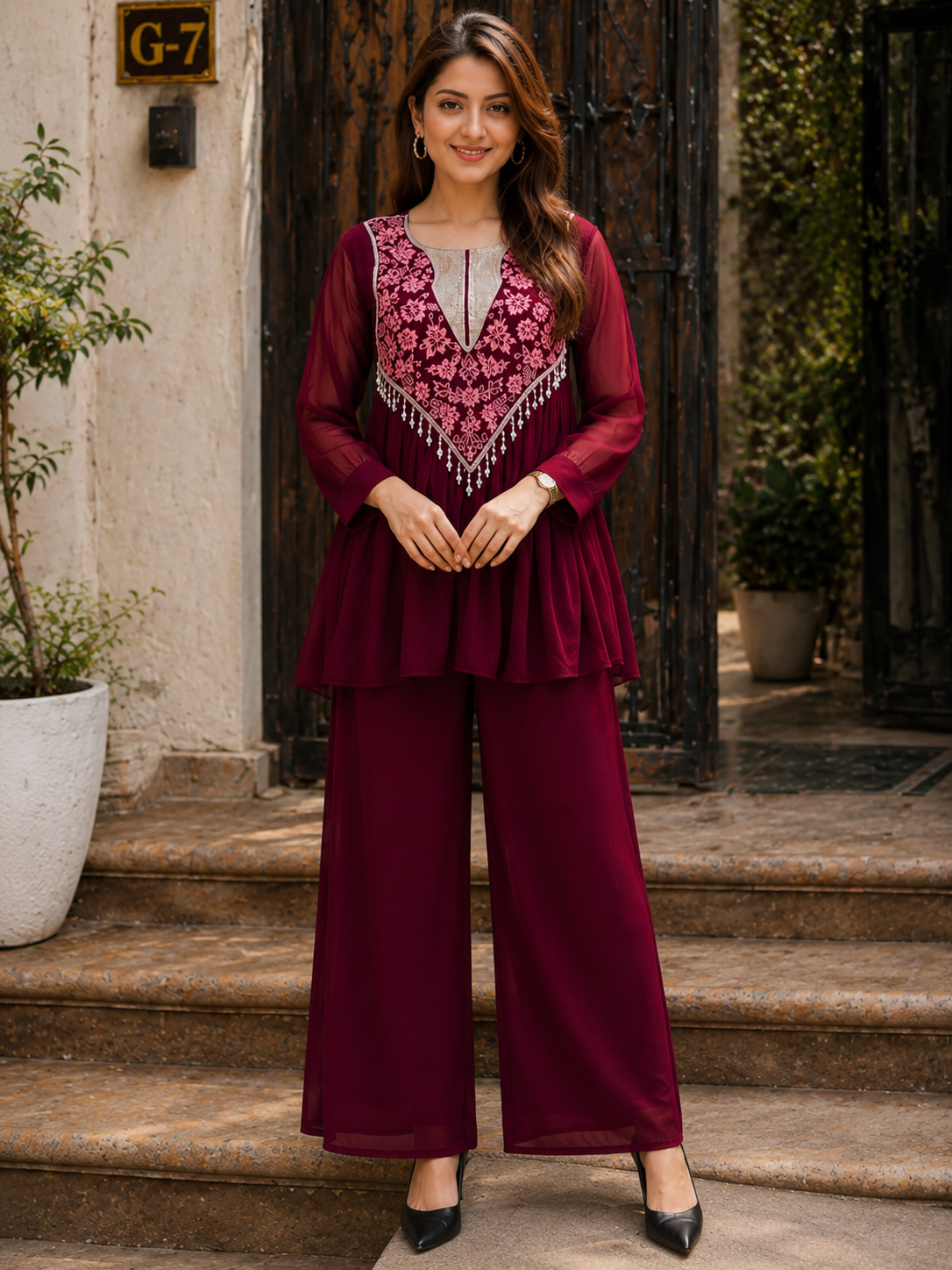 Maroon Embroidered Georgette Kurta Pant Set