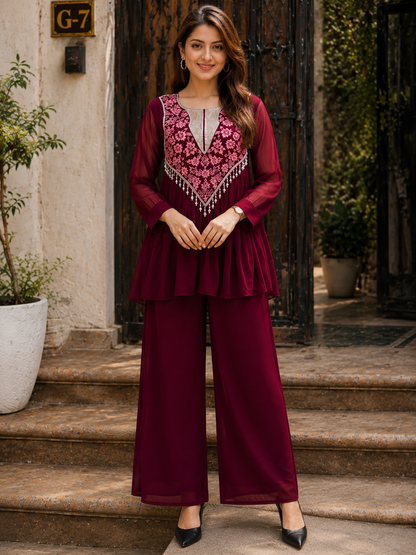 Maroon Embroidered Georgette Kurta Pant Set